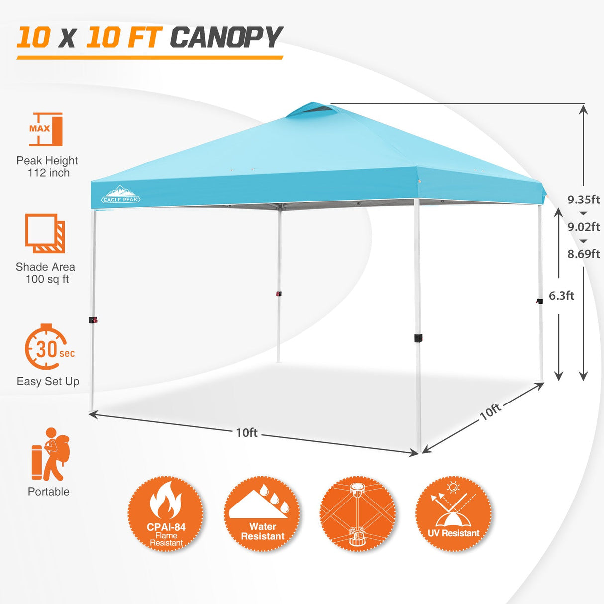 Easy Setup Straight Leg 10x10 Pop Up Canopy Tent w/ 100 sqft of Shade - Eagle Peak Custom Canopy Tent