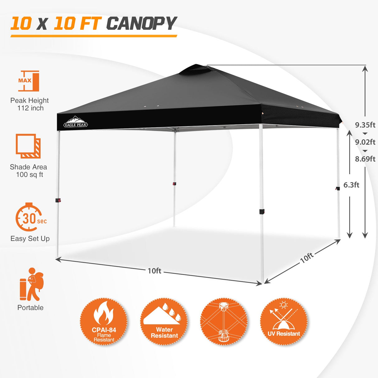 Easy Setup Straight Leg 10x10 Pop Up Canopy Tent w/ 100 sqft of Shade - Eagle Peak Custom Canopy Tent