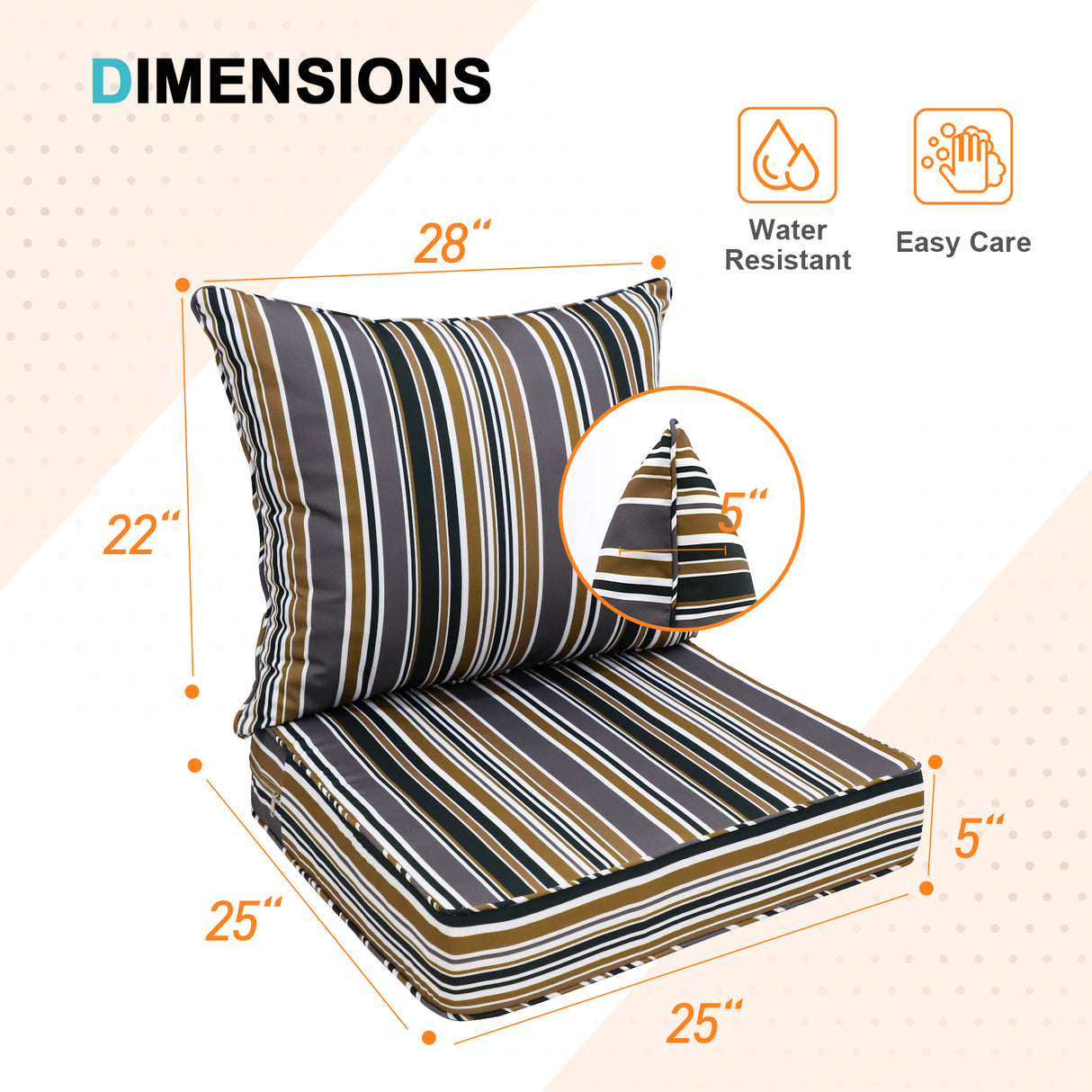 Outdoor Deep Seat Patio Seat Cushion Set, 25x25x5 inch, 2-Piece Back Chair Cushion