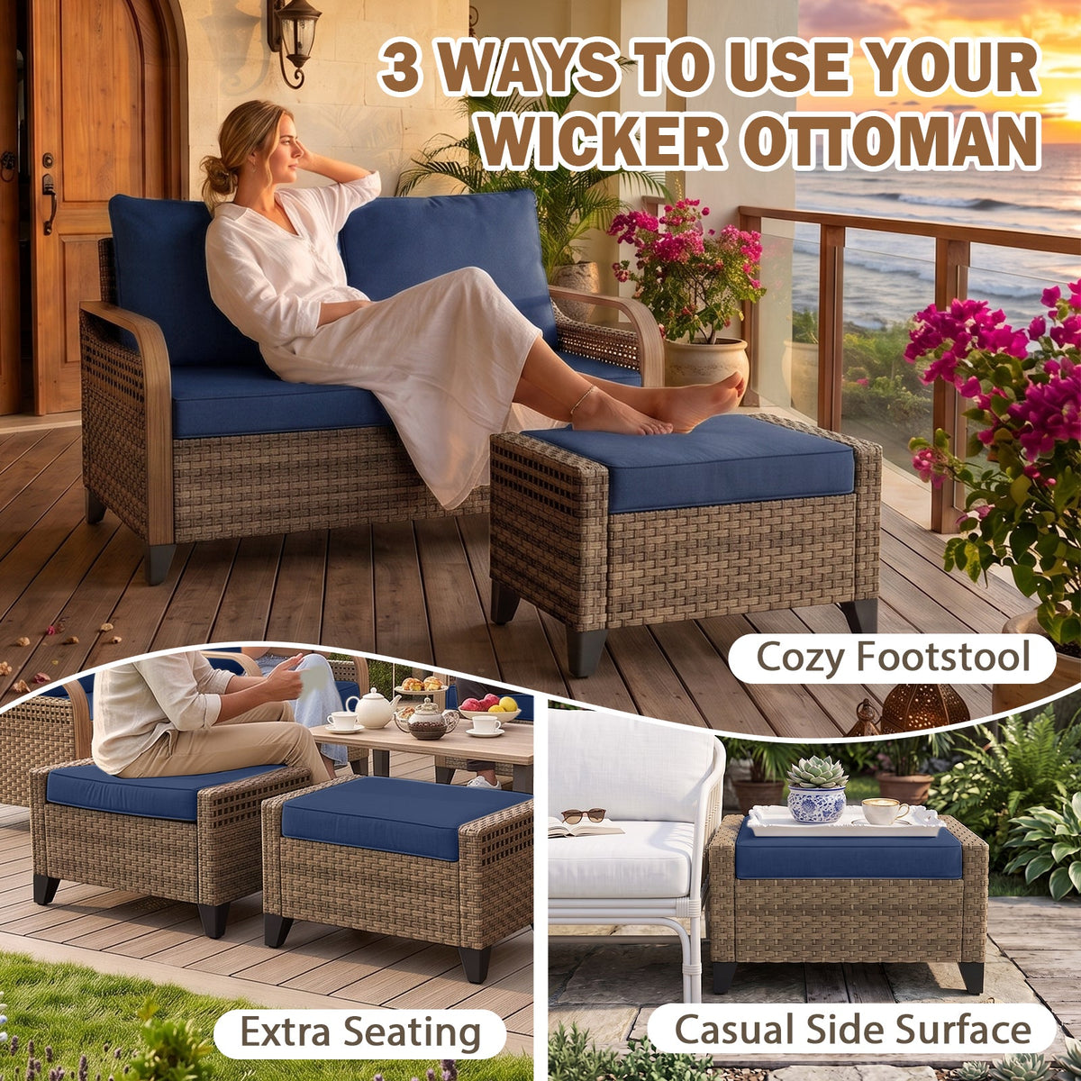 Modern Wicker 3 Piece Outdoor Patio Furniture Set, a 3-Seat Loveseat and 2 Ottomans - Eagle Peak®