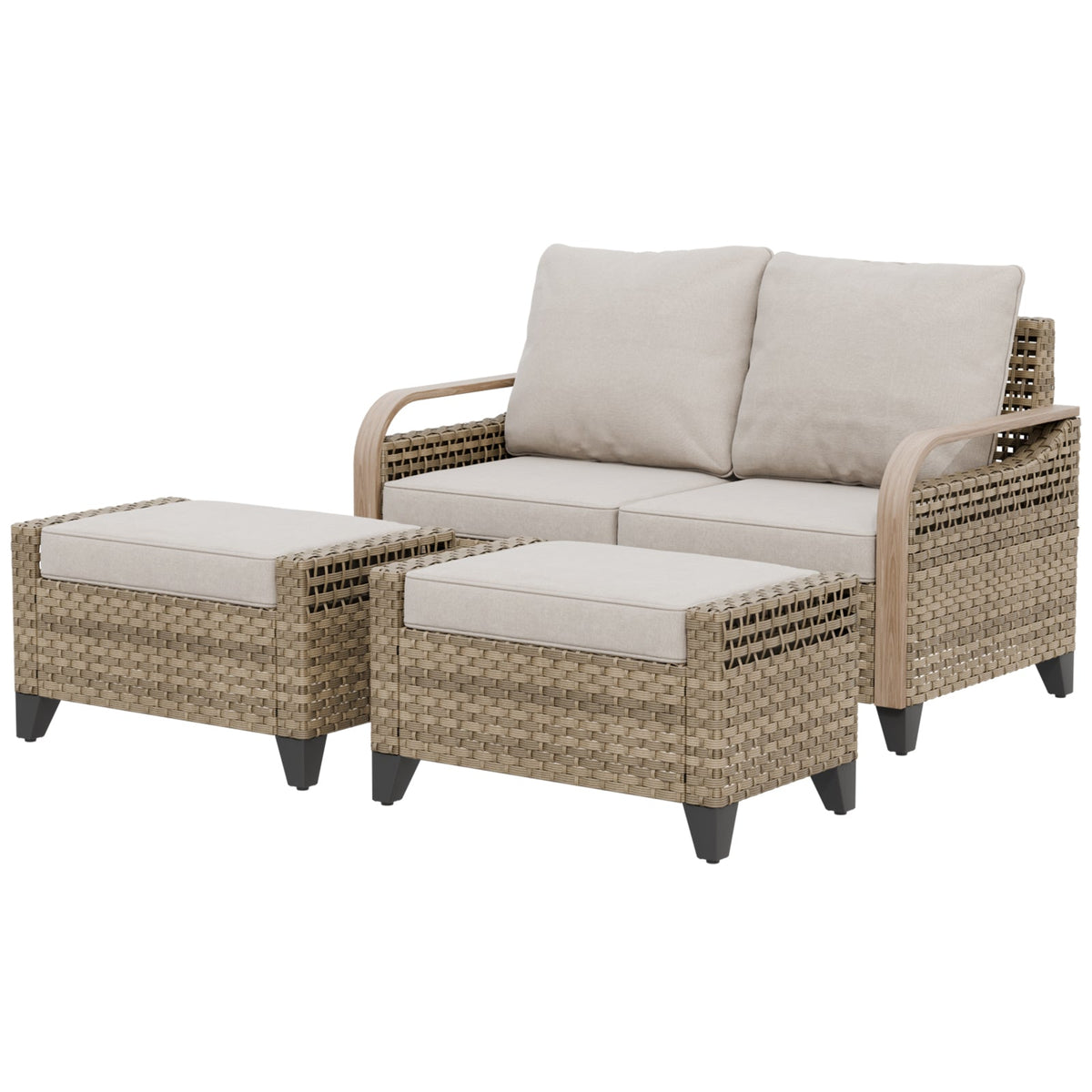 Modern Wicker 3 Piece Outdoor Patio Furniture Set, a 3-Seat Loveseat and 2 Ottomans - Eagle Peak®