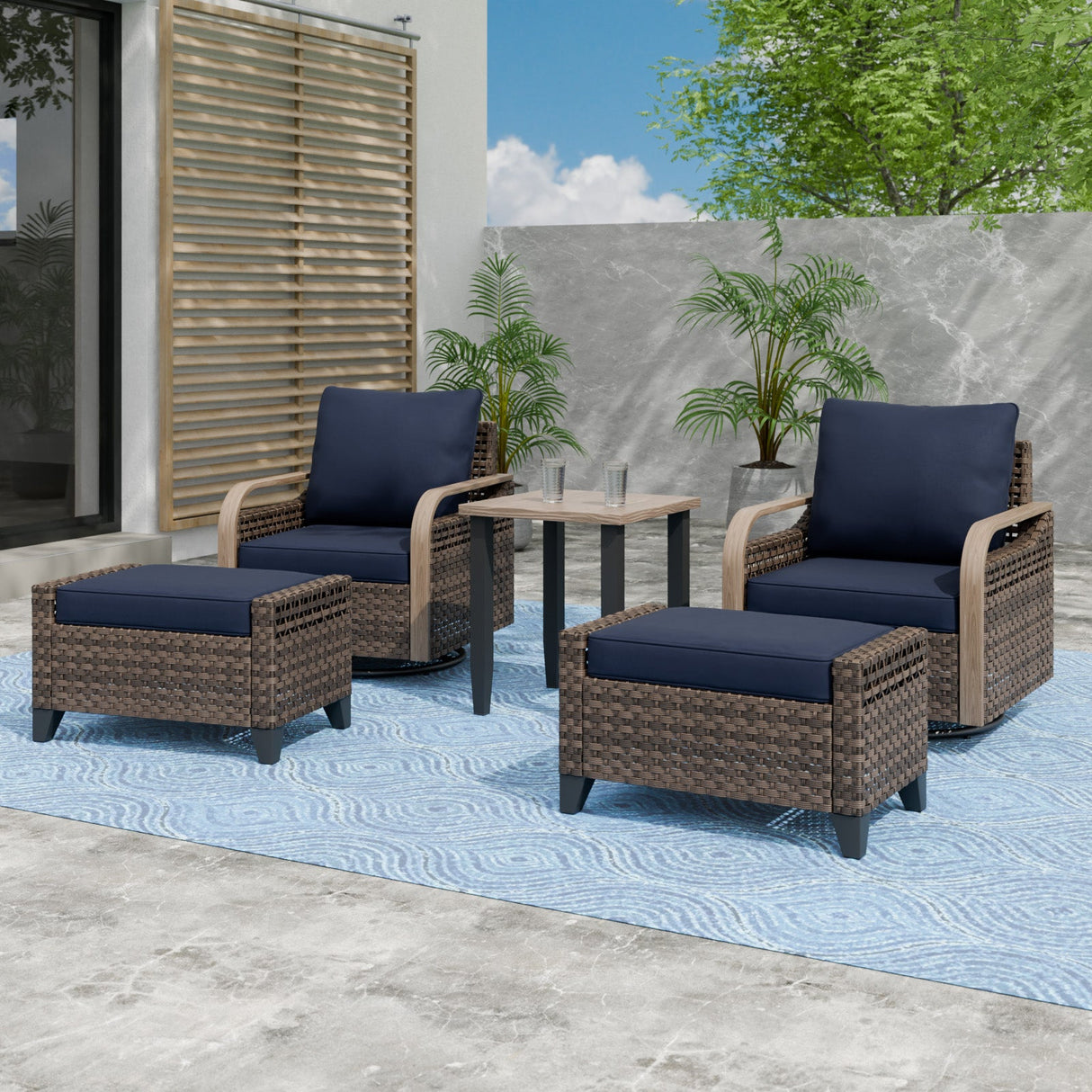 Modern Wicker 5 Piece Furniture Set w/ Swivel Rocking Chairs, Brown/Gray - Eagle Peak Custom Canopy Tent