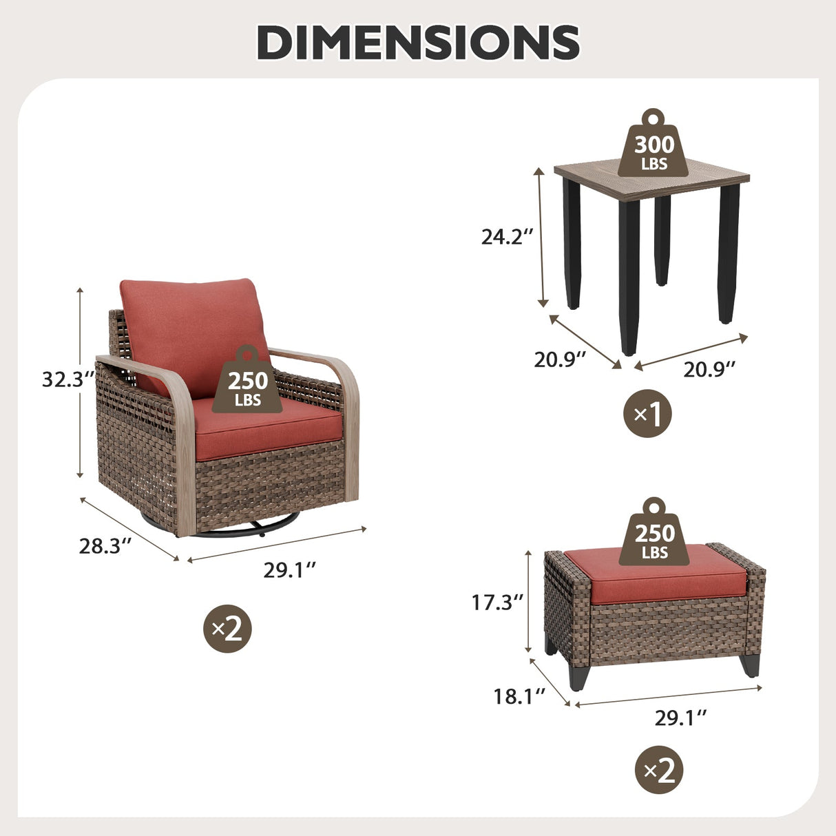 Modern Wicker 5 Piece Furniture Set w/ Swivel Rocking Chairs, Brown/Gray - Eagle Peak Custom Canopy Tent
