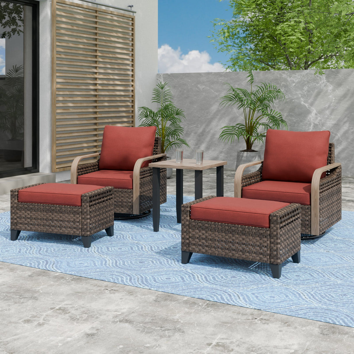 Modern Wicker 5 Piece Furniture Set w/ Swivel Rocking Chairs, Brown/Gray - Eagle Peak Custom Canopy Tent