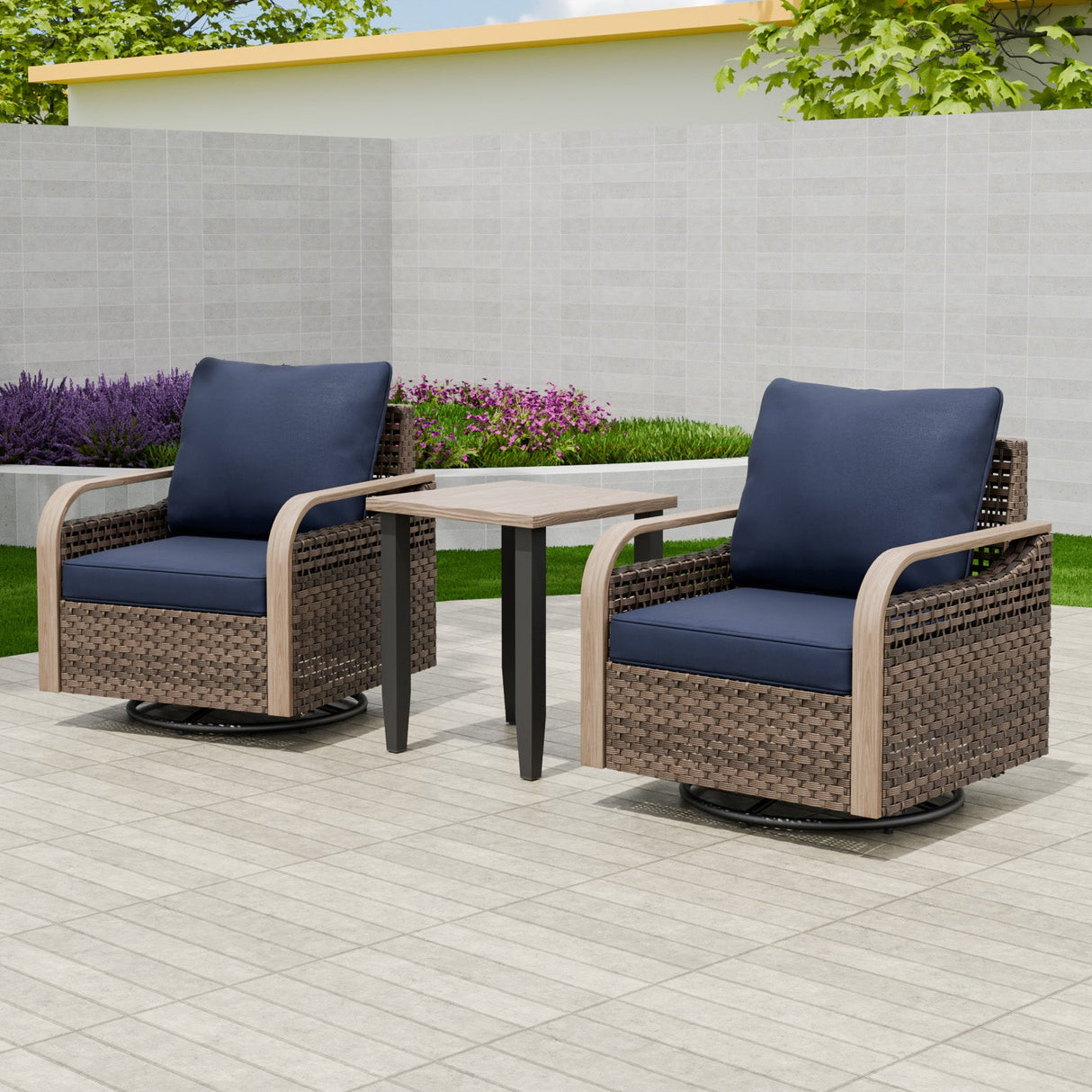 Modern Wicker Outdoor 3 Piece Wicker Swivel Rocking Chairs & Side Table, Brown/Gray - Eagle Peak Custom Canopy Tent