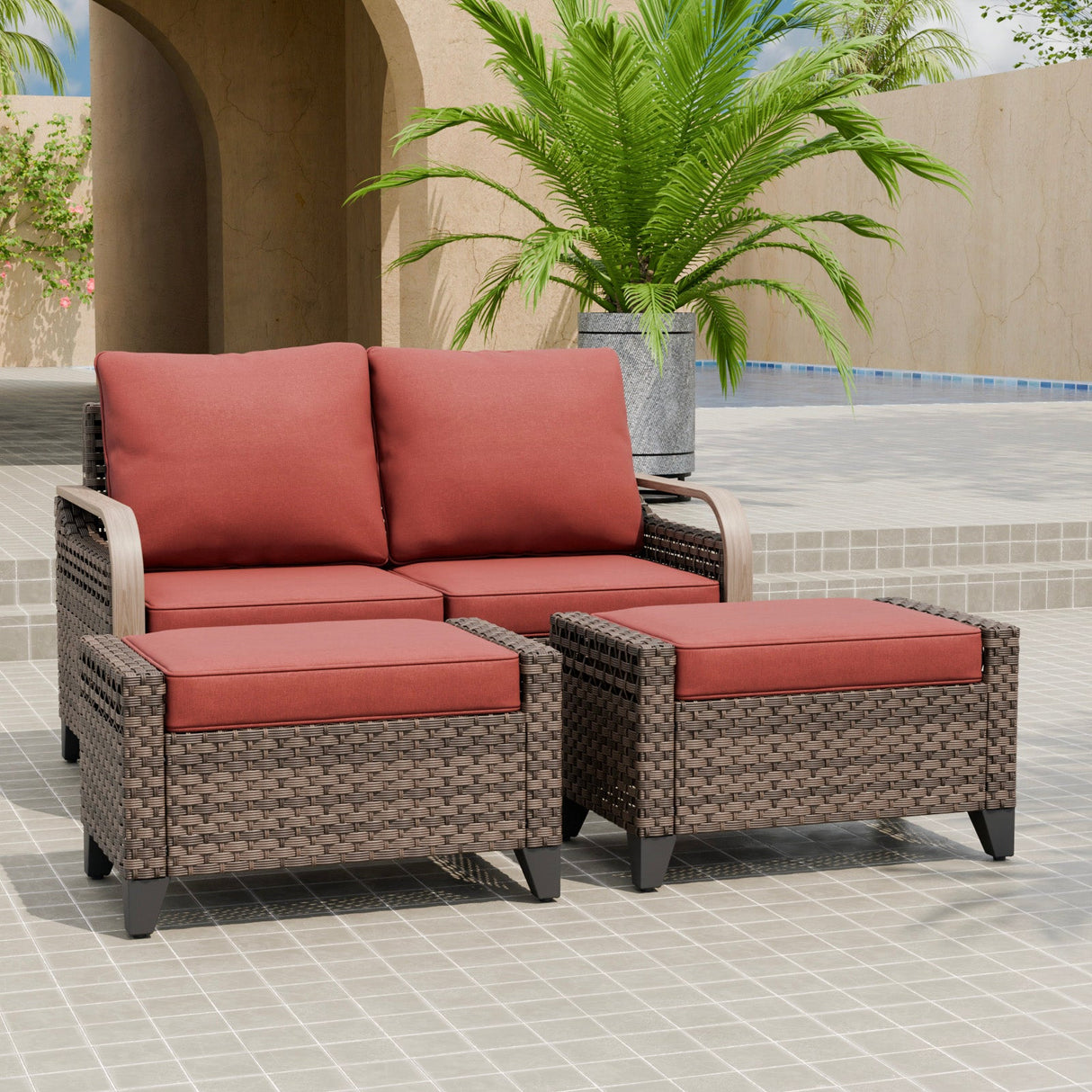 Modern Wicker Outdoor 3 Pieces Patio Furniture Set, 2 - Seat Loveseat and 2 Ottoman - Eagle Peak Custom Canopy Tent