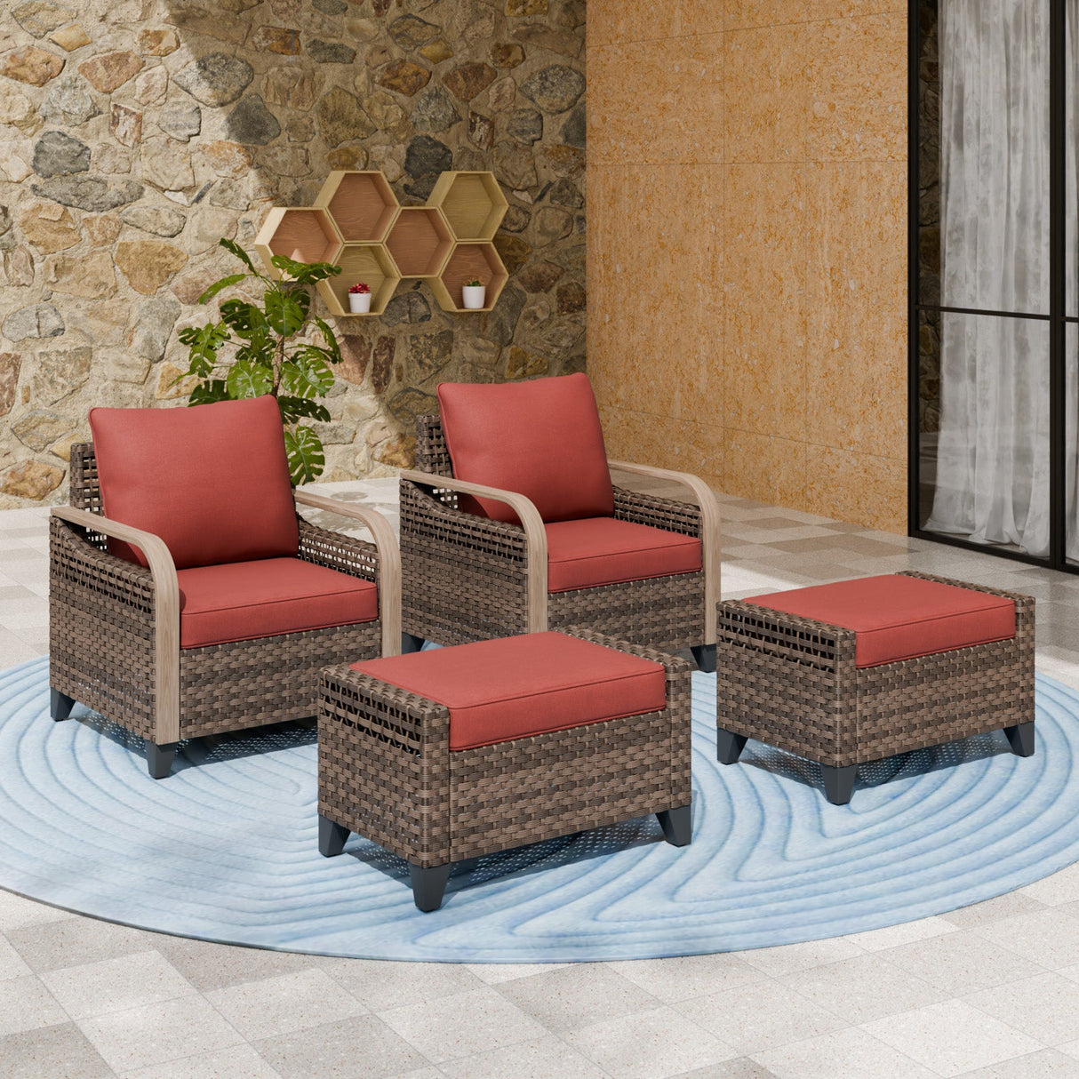 Modern Wicker Outdoor Chair,2 Chairs 2 Ottomans, 4 Pieces, Brown/Gray - Eagle Peak Custom Canopy Tent