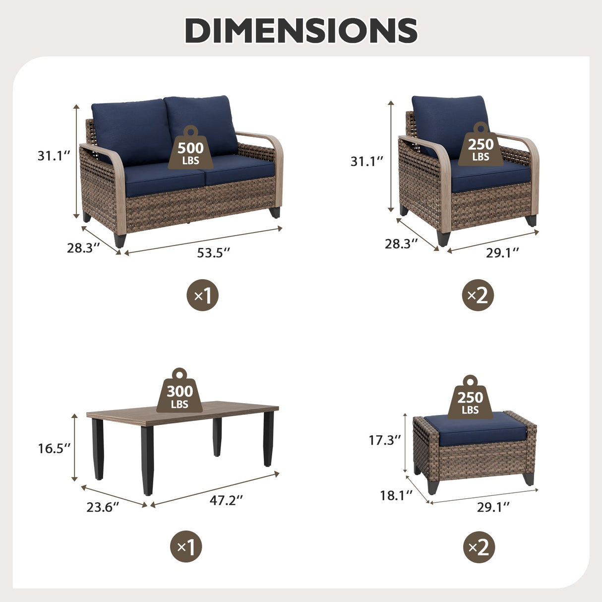 Modern Wicker Outdoor Furniture Set, 2 Patio Chairs, 2 - Seat Loveseat, 2 Ottomans and Coffee Table, 6 Pieces, Brown/Gray - Eagle Peak Custom Canopy Tent