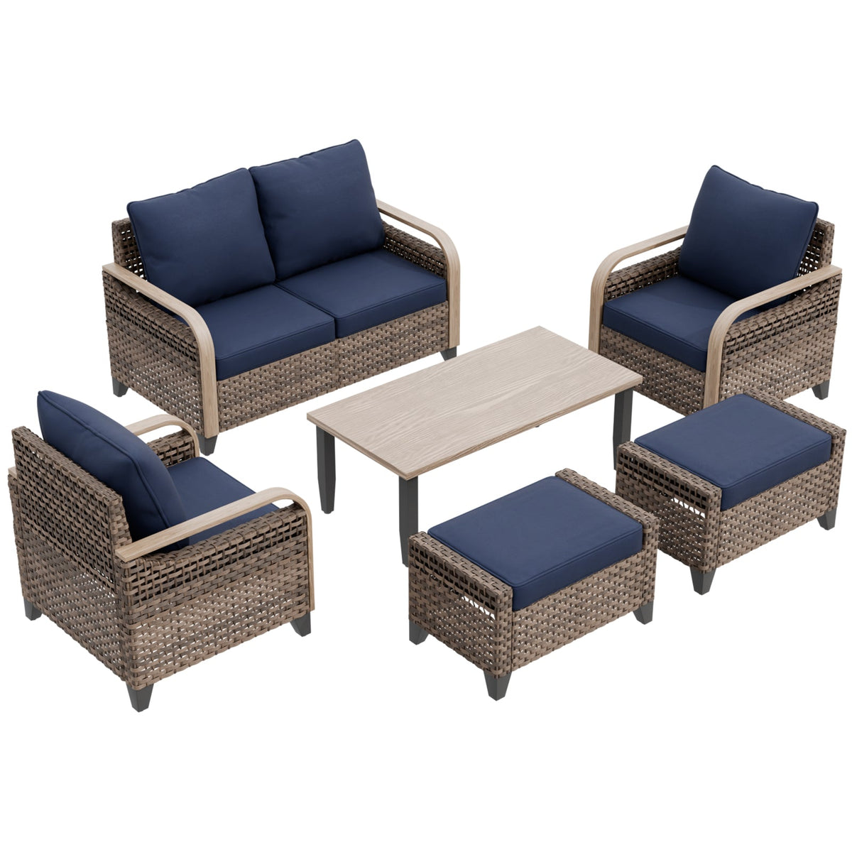 Modern Wicker Outdoor Furniture Set, 2 Patio Chairs, 2-Seat Loveseat, 2 Ottomans and Coffee Table, 6 Pieces, Brown/Gray - Eagle Peak®