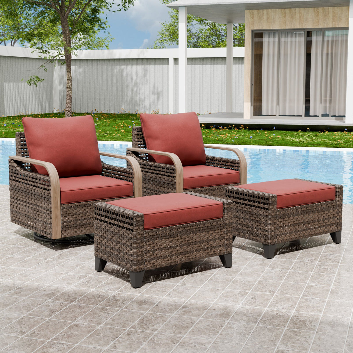 Modern Wicker Outdoor Glider Rocking Chair,2 Chairs 2 Ottomans, 4 Piece, Brown/Gray - Eagle Peak Custom Canopy Tent