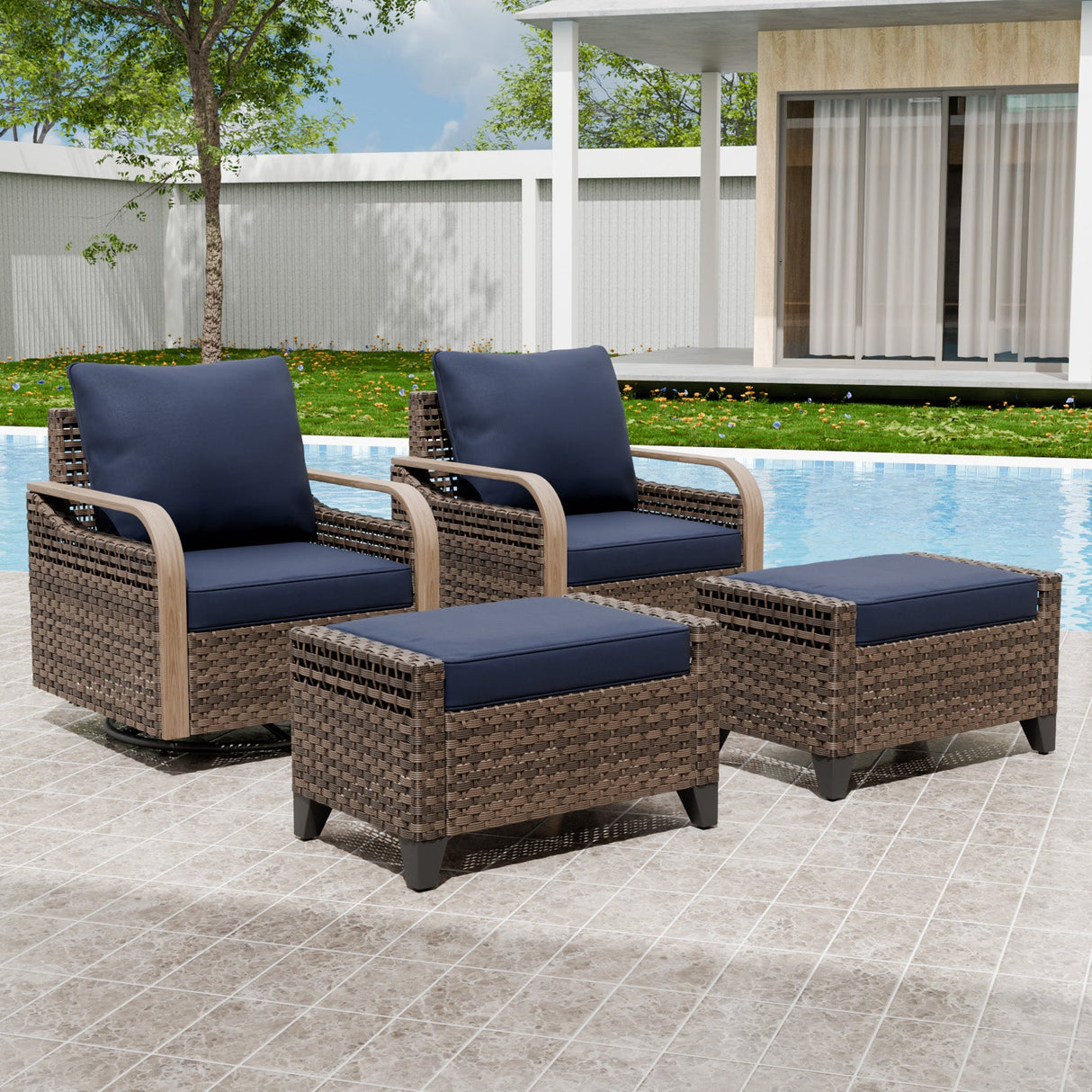 Modern Wicker Outdoor Glider Rocking Chair,2 Chairs 2 Ottomans, 4 Piece, Brown/Gray - Eagle Peak Custom Canopy Tent