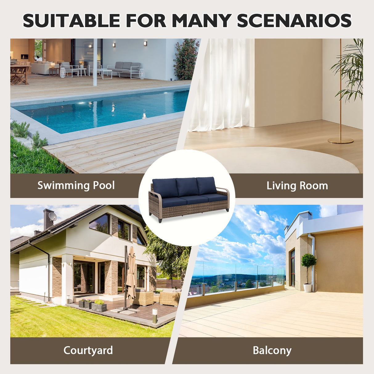 Modern Wicker Outdoor Patio 3 Seat Sofa, Brown/Gray - Eagle Peak Custom Canopy Tent