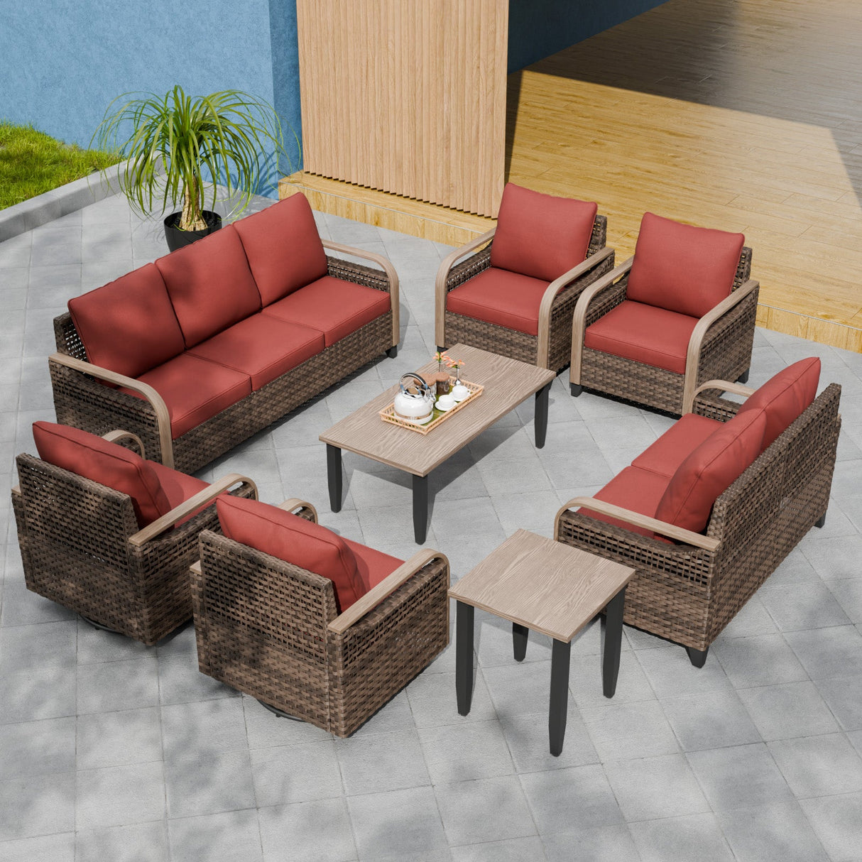 Modern Wicker Outdoor Patio Furniture Set, 2 Patio Chairs, 2 Swivel Rocker Chairs, 3 - Seat Sofa, Loveseat, Coffee Table and Side Table, 8 Pieces, Brown/Gray - Eagle Peak Custom Canopy Tent