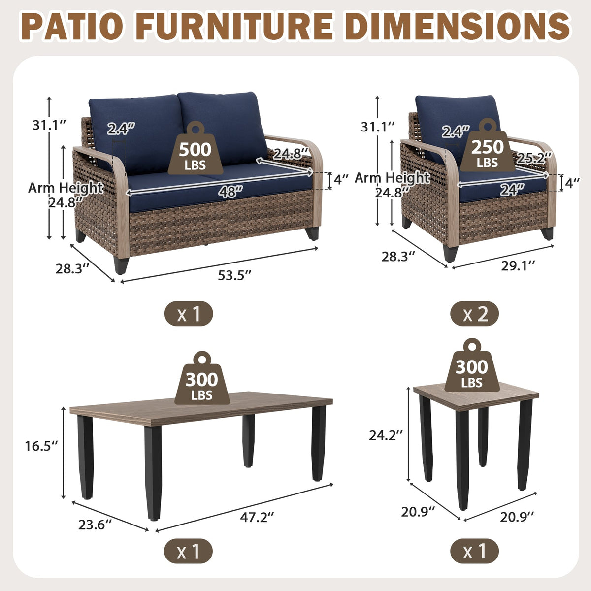 Modern Wicker Outdoor Patio Furniture Set,2 Patio Chairs, 2-Seat Loveseat, Coffee Table and Side Table, 5 Pieces, Brown/Gray - Eagle Peak®
