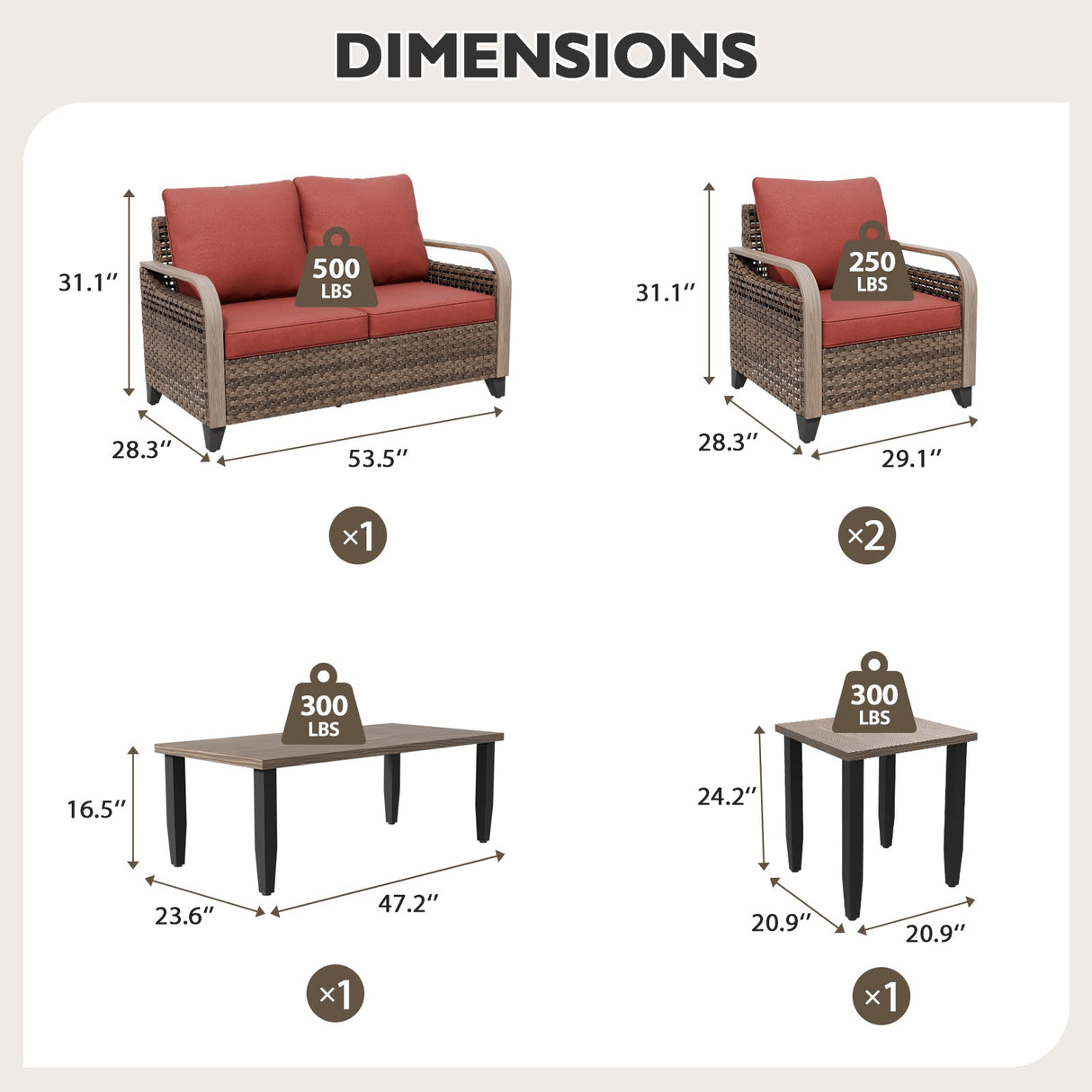 Modern Wicker Outdoor Patio Furniture Set,2 Patio Chairs, 2 - Seat Loveseat, Coffee Table and Side Table, 5 Pieces, Brown/Gray - Eagle Peak Custom Canopy Tent