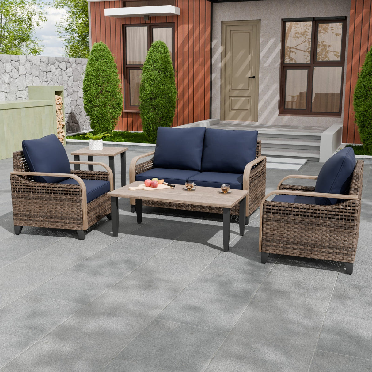 Modern Wicker Outdoor Patio Furniture Set,2 Patio Chairs, 2 - Seat Loveseat, Coffee Table and Side Table, 5 Pieces, Brown/Gray - Eagle Peak Custom Canopy Tent