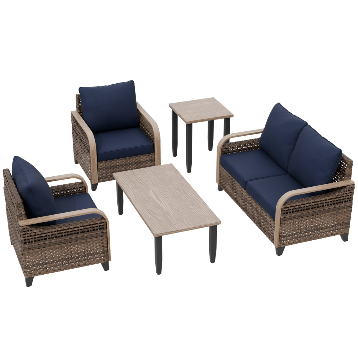 Modern Wicker Outdoor Patio Furniture Set,2 Patio Chairs, 2 - Seat Loveseat, Coffee Table and Side Table, 5 Pieces, Brown/Gray - Eagle Peak Custom Canopy Tent