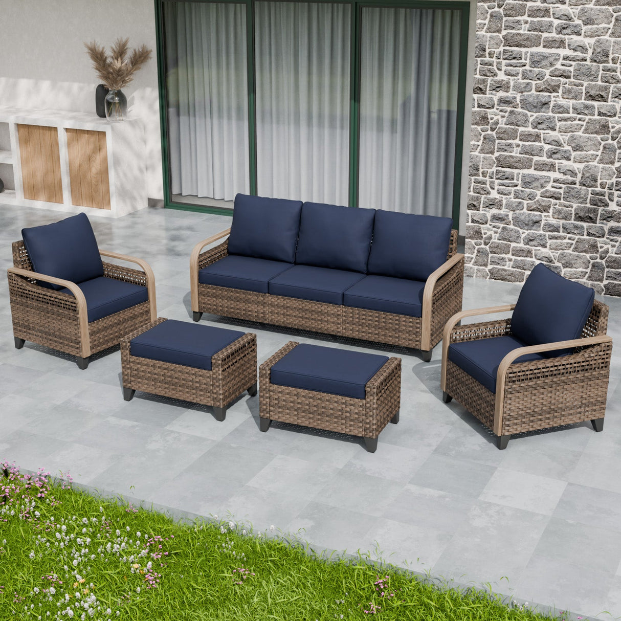 Modern Wicker Outdoor Patio Furniture Set,2 Patio Chairs, 3 - Seat Loveseat and 2 Ottomans, 5 Pieces, Brown/Gray - Eagle Peak Custom Canopy Tent