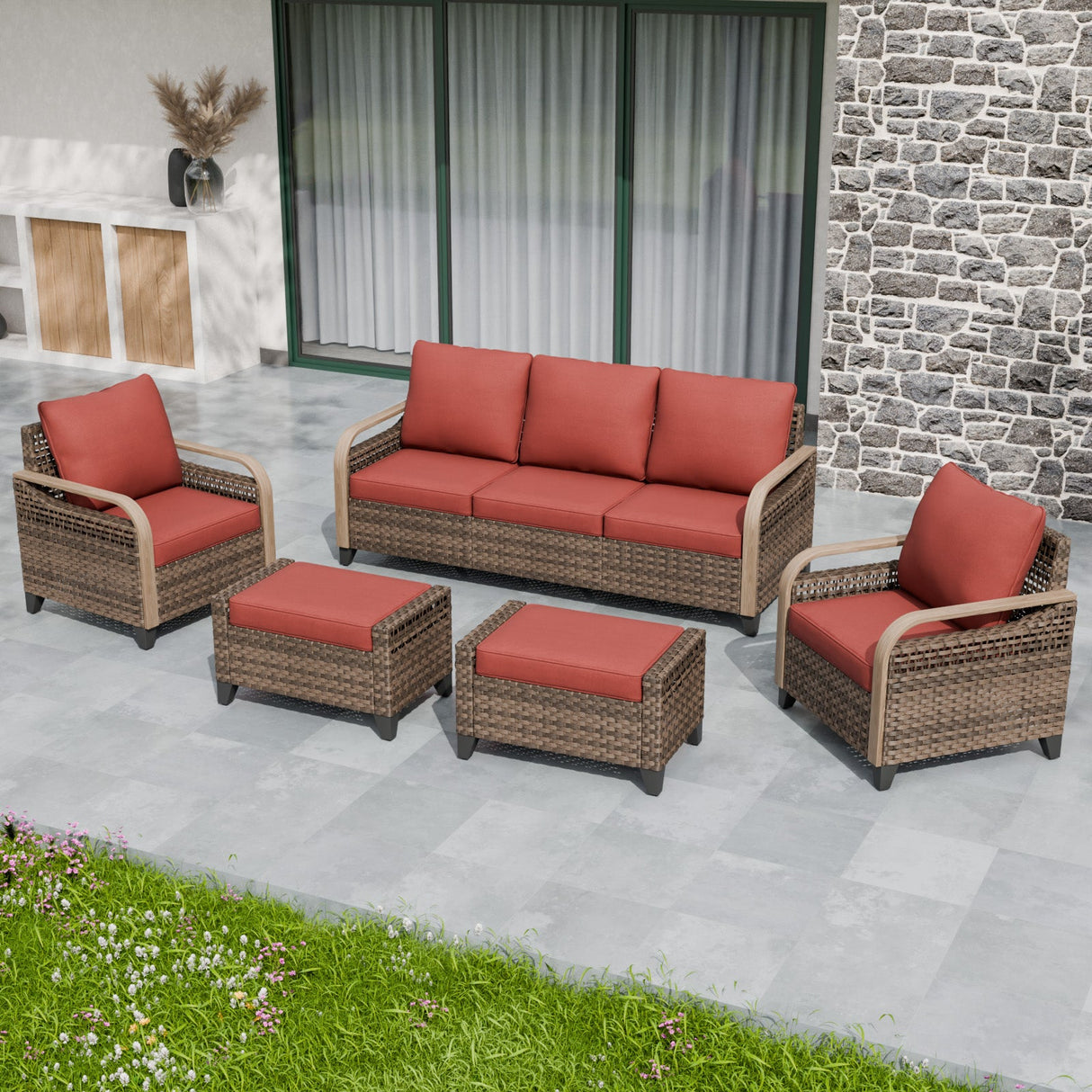 Modern Wicker Outdoor Patio Furniture Set,2 Patio Chairs, 3 - Seat Loveseat and 2 Ottomans, 5 Pieces, Brown/Gray - Eagle Peak Custom Canopy Tent