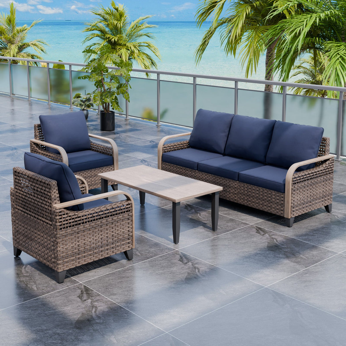 Modern Wicker Outdoor Patio Furniture Set,2 Patio Chairs, 3 - Seat Loveseat and Coffee Table, 4 Pieces, Brown/Gray - Eagle Peak Custom Canopy Tent