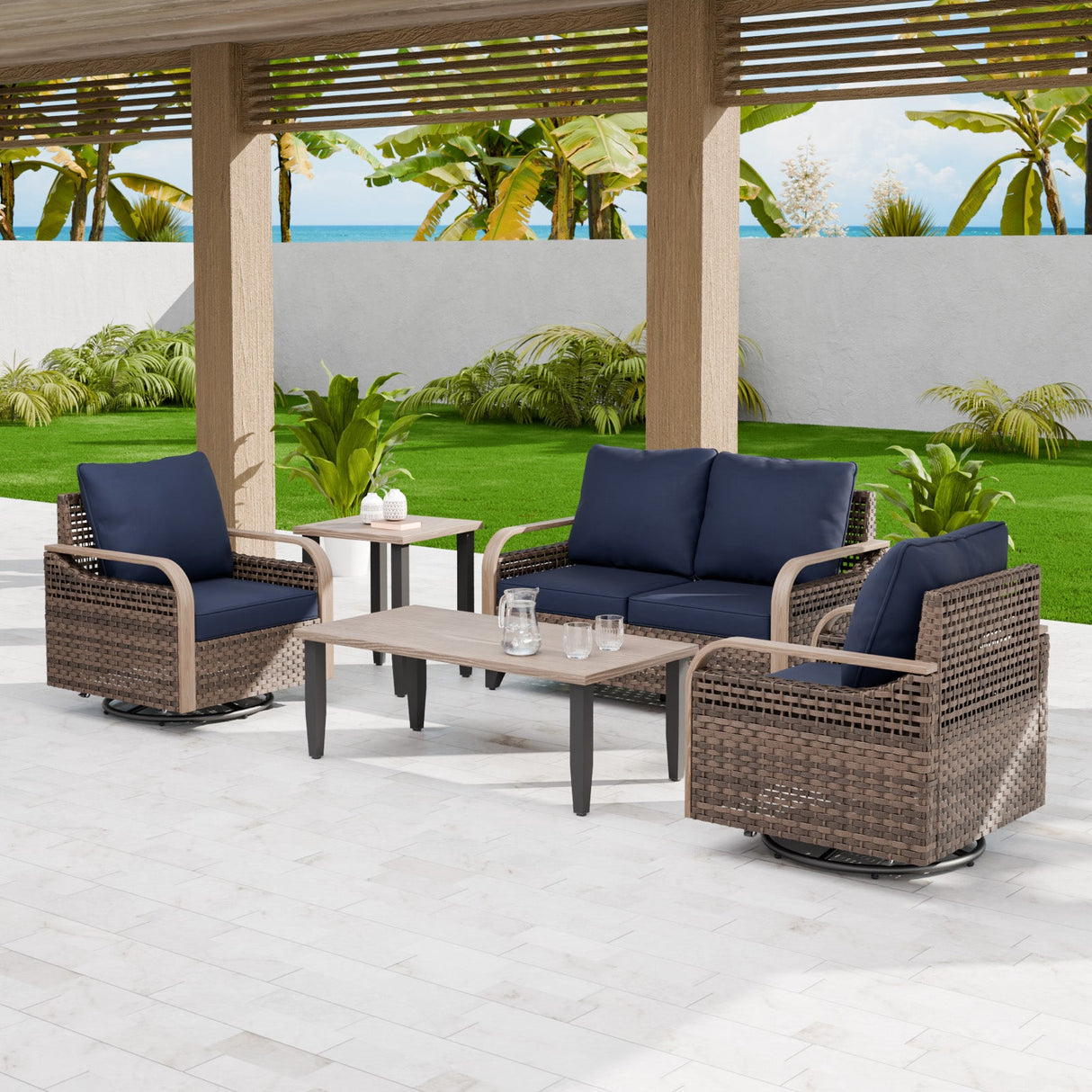 Modern Wicker Outdoor Patio Furniture Set,2 Swivel Rocking Chairs, 2 - Seat Loveseat, Coffee Table and Side Table, 5 Pieces, Brown/Gray - Eagle Peak Custom Canopy Tent