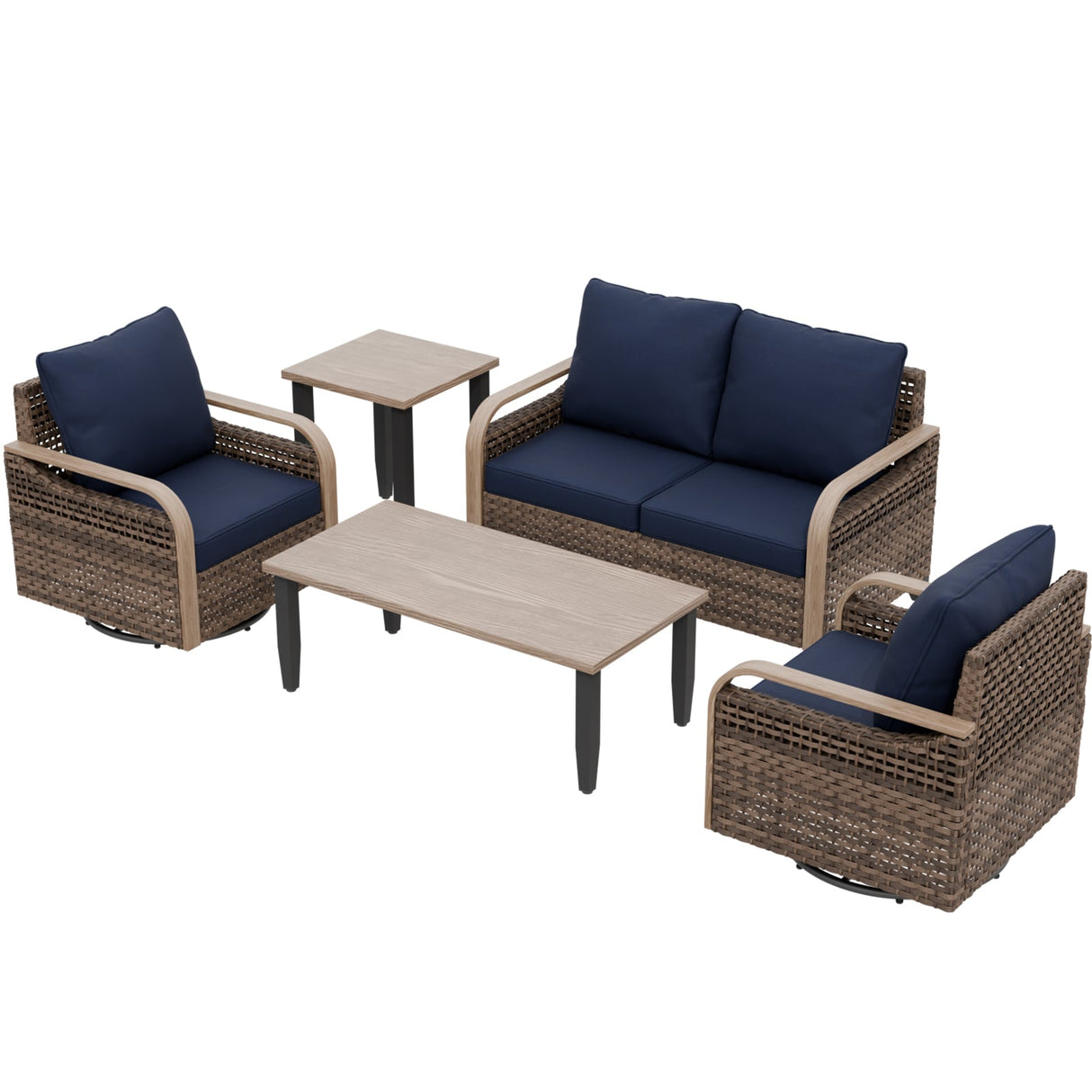 Modern Wicker Outdoor Patio Furniture Set,2 Swivel Rocking Chairs, 2 - Seat Loveseat, Coffee Table and Side Table, 5 Pieces, Brown/Gray - Eagle Peak Custom Canopy Tent