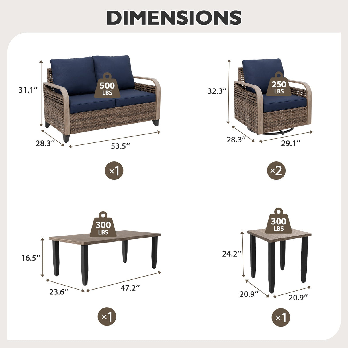 Modern Wicker Outdoor Patio Furniture Set,2 Swivel Rocking Chairs, 2 - Seat Loveseat, Coffee Table and Side Table, 5 Pieces, Brown/Gray - Eagle Peak Custom Canopy Tent