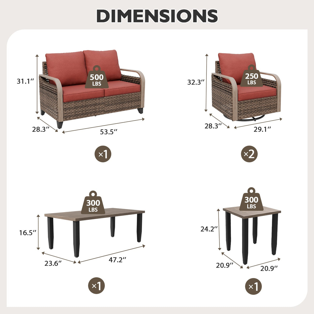 Modern Wicker Outdoor Patio Furniture Set,2 Swivel Rocking Chairs, 2 - Seat Loveseat, Coffee Table and Side Table, 5 Pieces, Brown/Gray - Eagle Peak Custom Canopy Tent