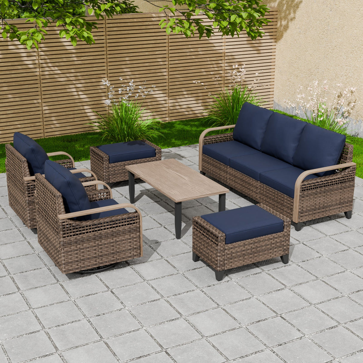 Modern Wicker Outdoor Patio Furniture Set,2 Swivel Rocking Chairs, 3 - Seat Loveseat, 2 Ottomans and Coffee Table, 6 Pieces, Brown/Gray - Eagle Peak Custom Canopy Tent