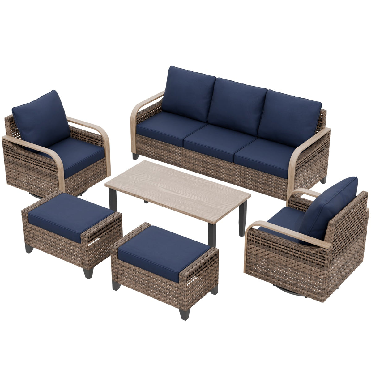 Modern Wicker Outdoor Patio Furniture Set,2 Swivel Rocking Chairs, 3-Seat Loveseat, 2 Ottomans and Coffee Table, 6 Pieces, Brown/Gray - Eagle Peak®