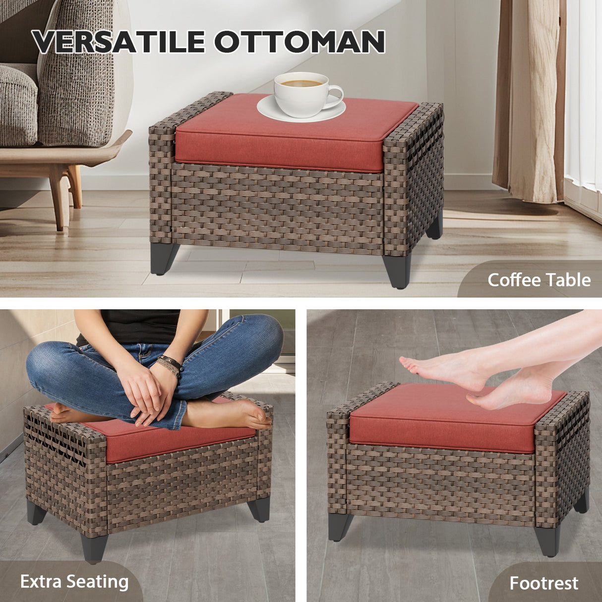 Modern Wicker Patio Ottoman Foot Rest, Brown/Gray - Eagle Peak Custom Canopy Tent