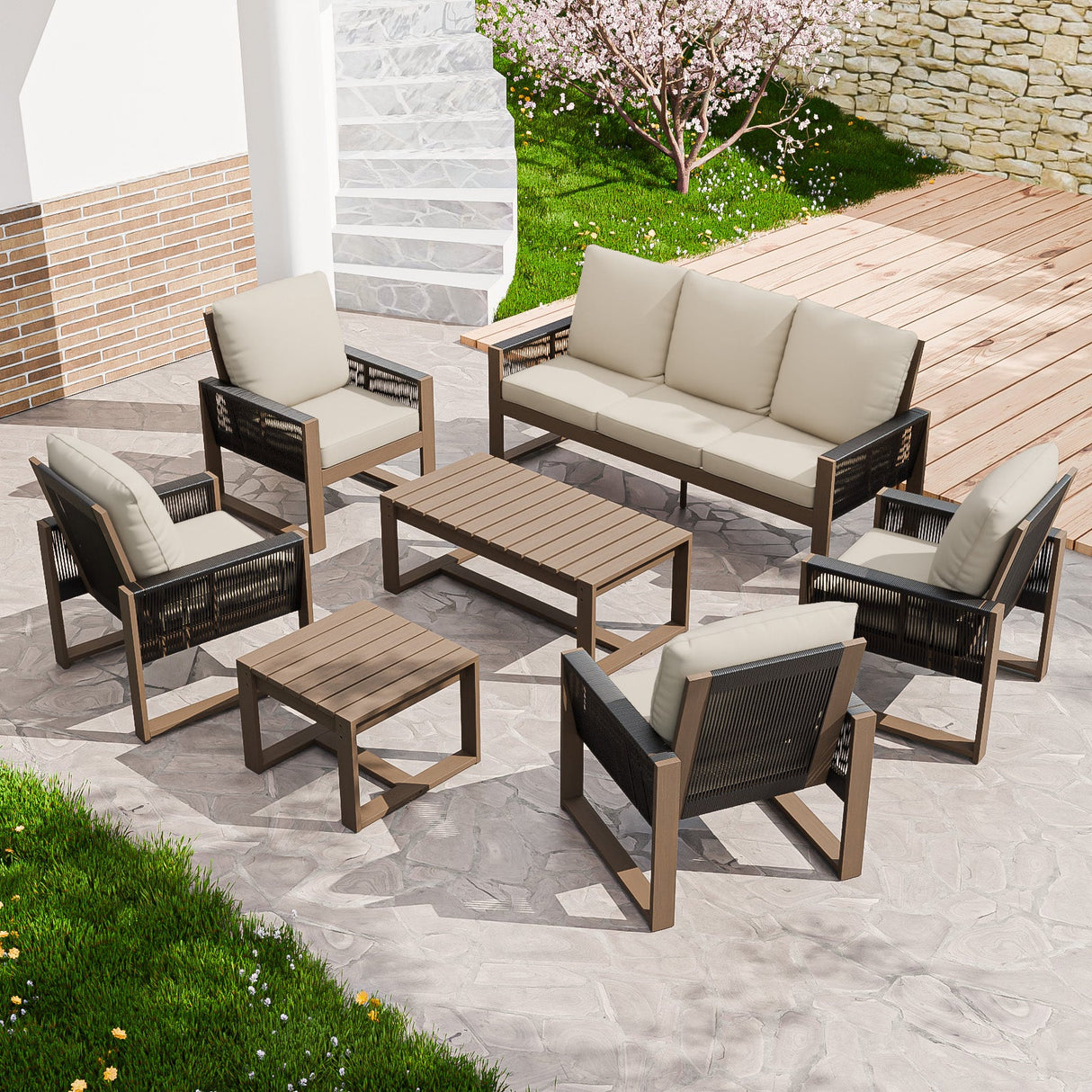 Natural Wood Outdoor Patio Furniture,Sofa 4 Patio Chairs, Coffee Table and Side Table, 7 pcs - Eagle Peak Custom Canopy Tent