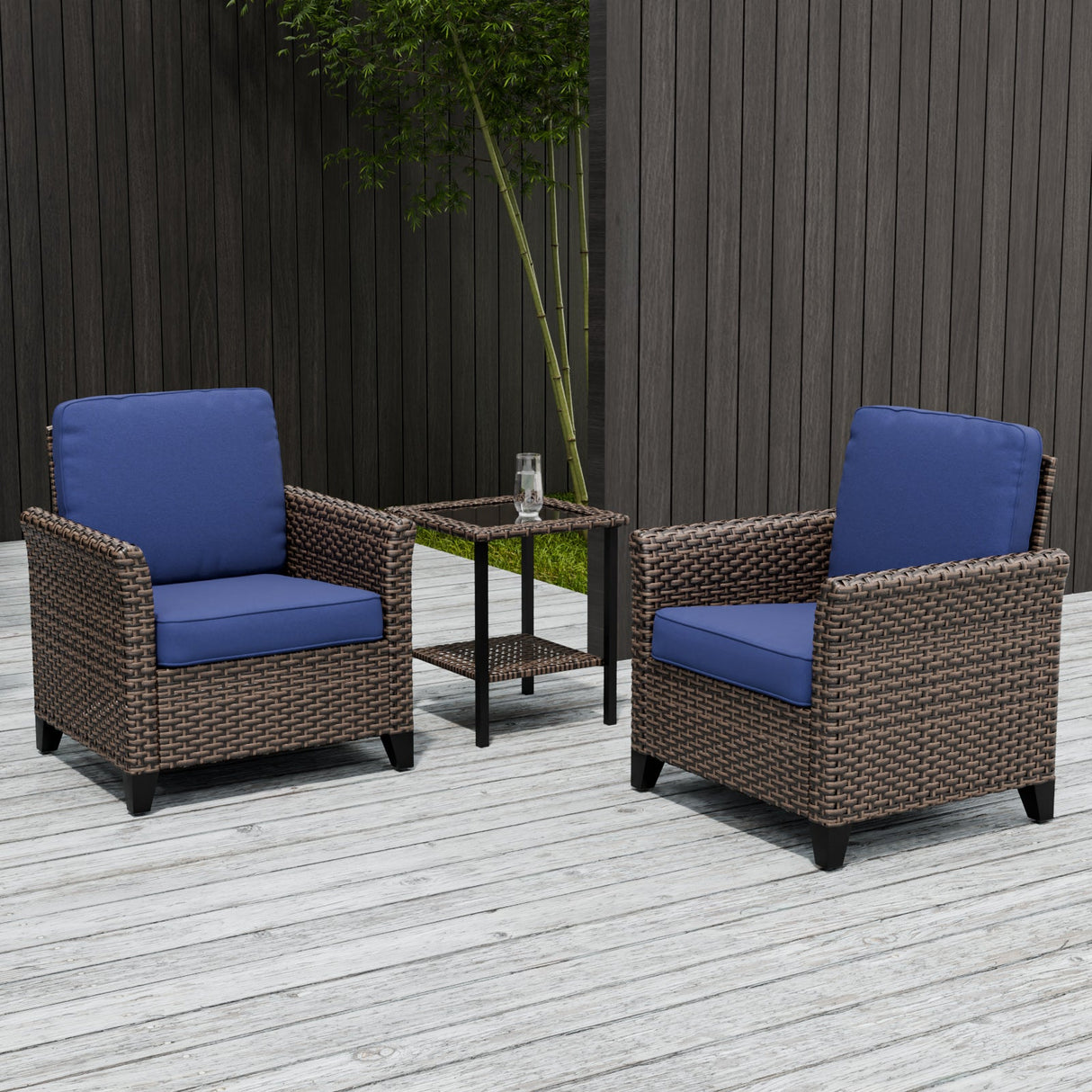 Ocean Vista 3 Piece Outdoor Wicker Bistro Set, Patio Chairs with Side Table - Eagle Peak