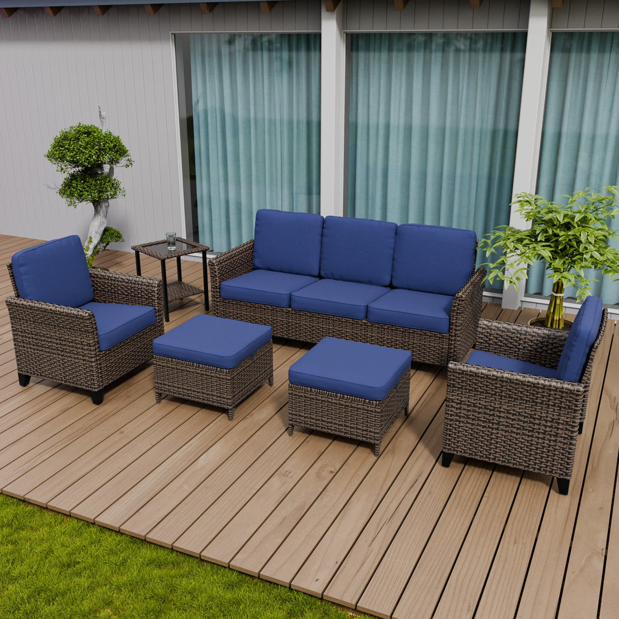 Ocean Vista Wicker Outdoor Patio Furniture Set, Couch Chairs Ottomans Table, 6 Piece - Eagle Peak
