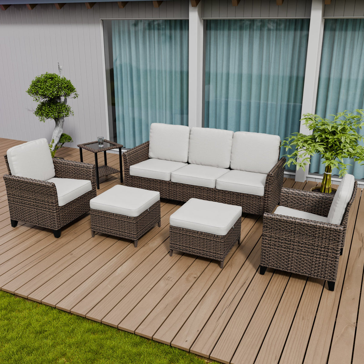 Ocean Vista Wicker Outdoor Patio Furniture Set, Couch Chairs Ottomans Table, 6 Piece - Eagle Peak