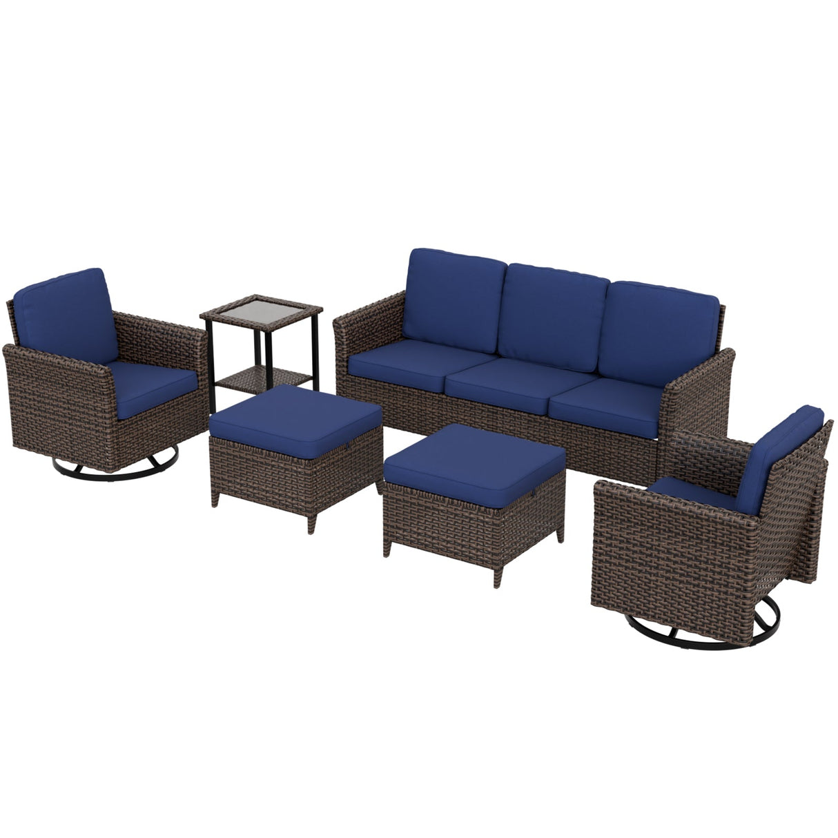 Ocean Vista Wicker Outdoor Patio Furniture Set, Couch Swivel Rocking Chairs Ottomans Table, 6 Piece - Eagle Peak