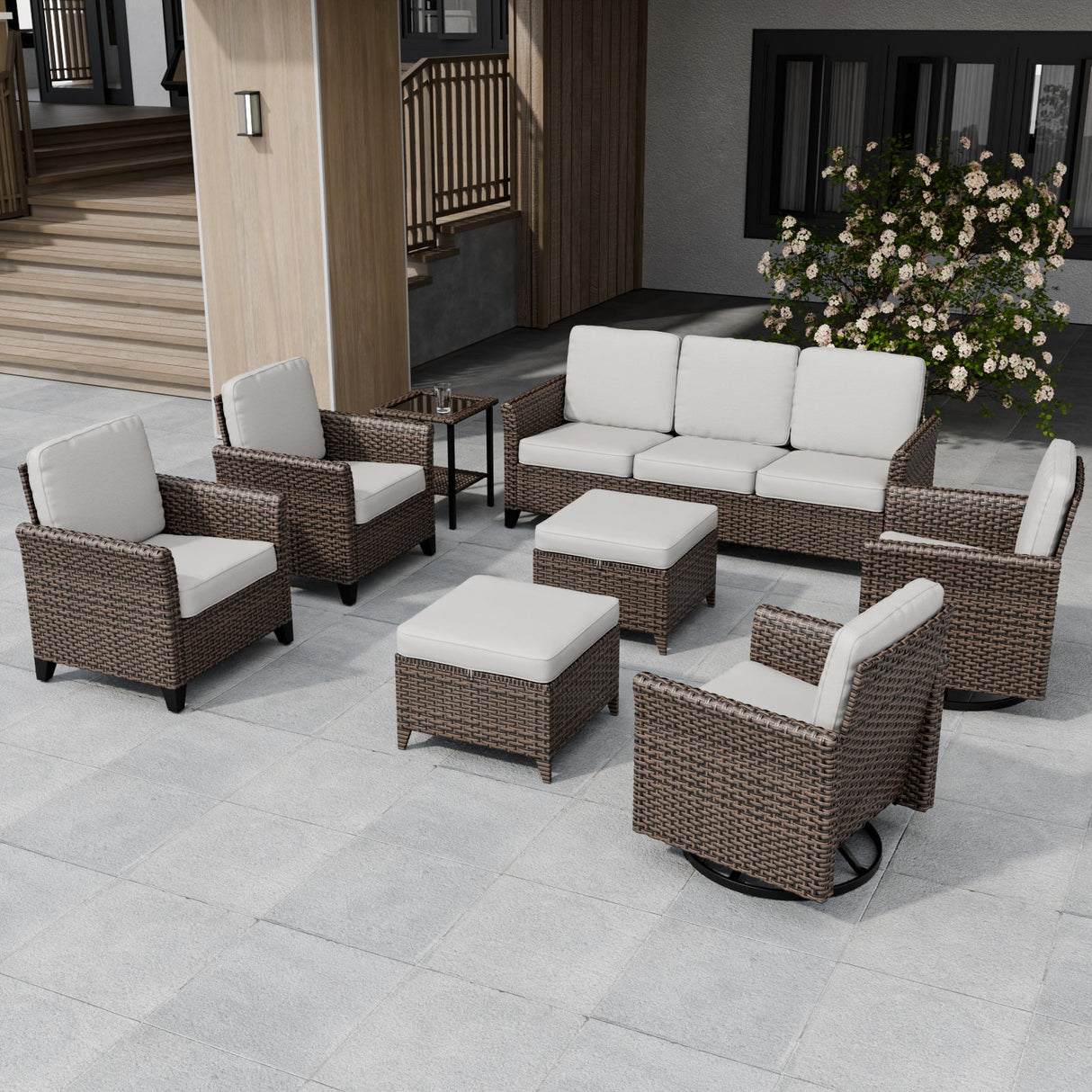 Ocean Vista Wicker Outdoor Patio Furniture Set, Patio and Swivel Chairs Couch Ottomans Table, 8 Piece, Beige/Blue - Eagle Peak