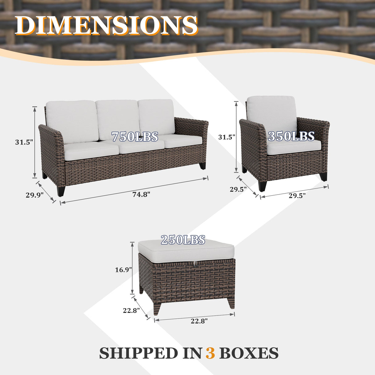 Ocean Vista Wicker Outdoor Patio Furniture Set w/ 3 Seat Sofa, Patio Chairs, 5 Piece - Eagle Peak