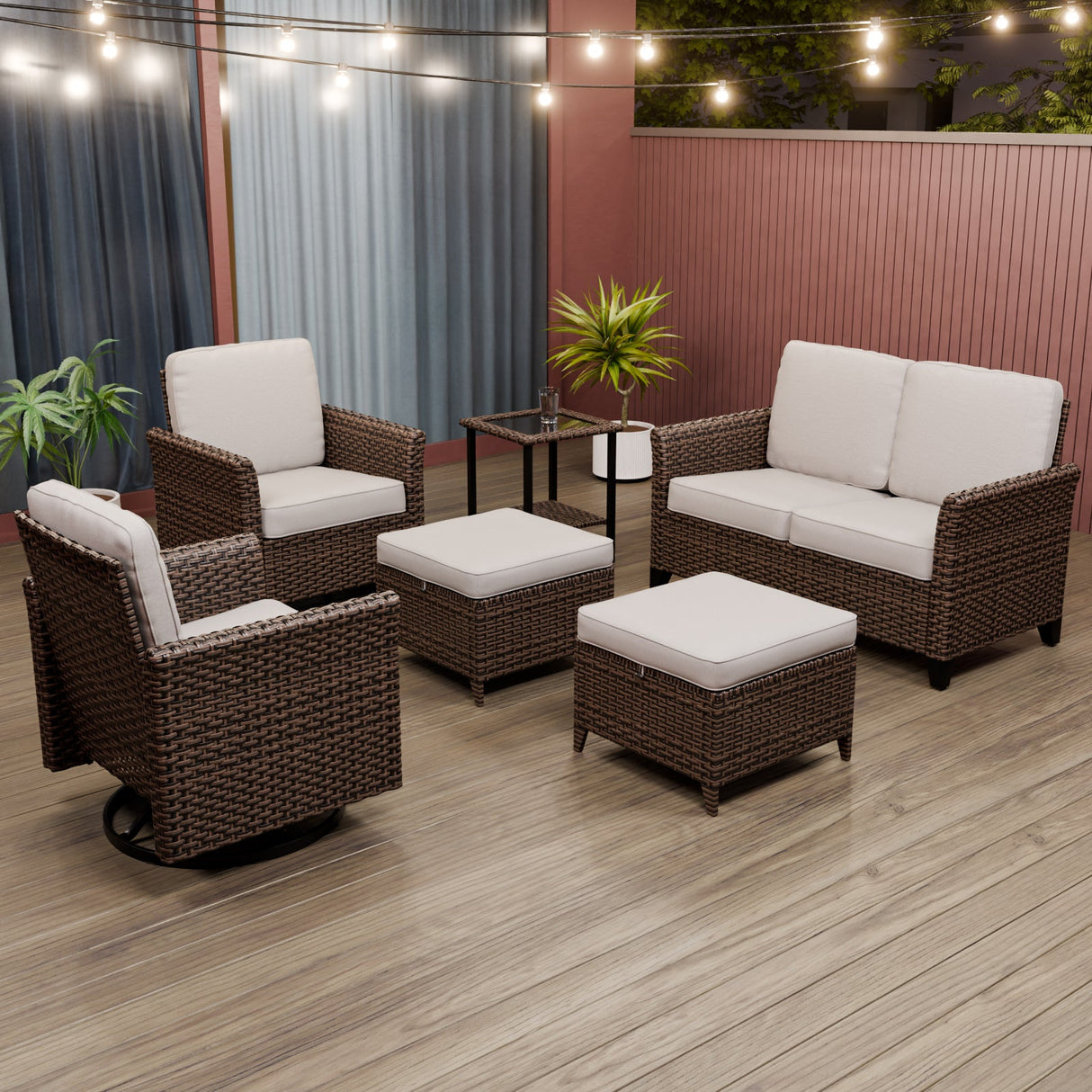 Ocean Vista Wicker Outdoor Patio Furniture Set w/Swivel Rocking Chairs , 6 Piece - Eagle Peak
