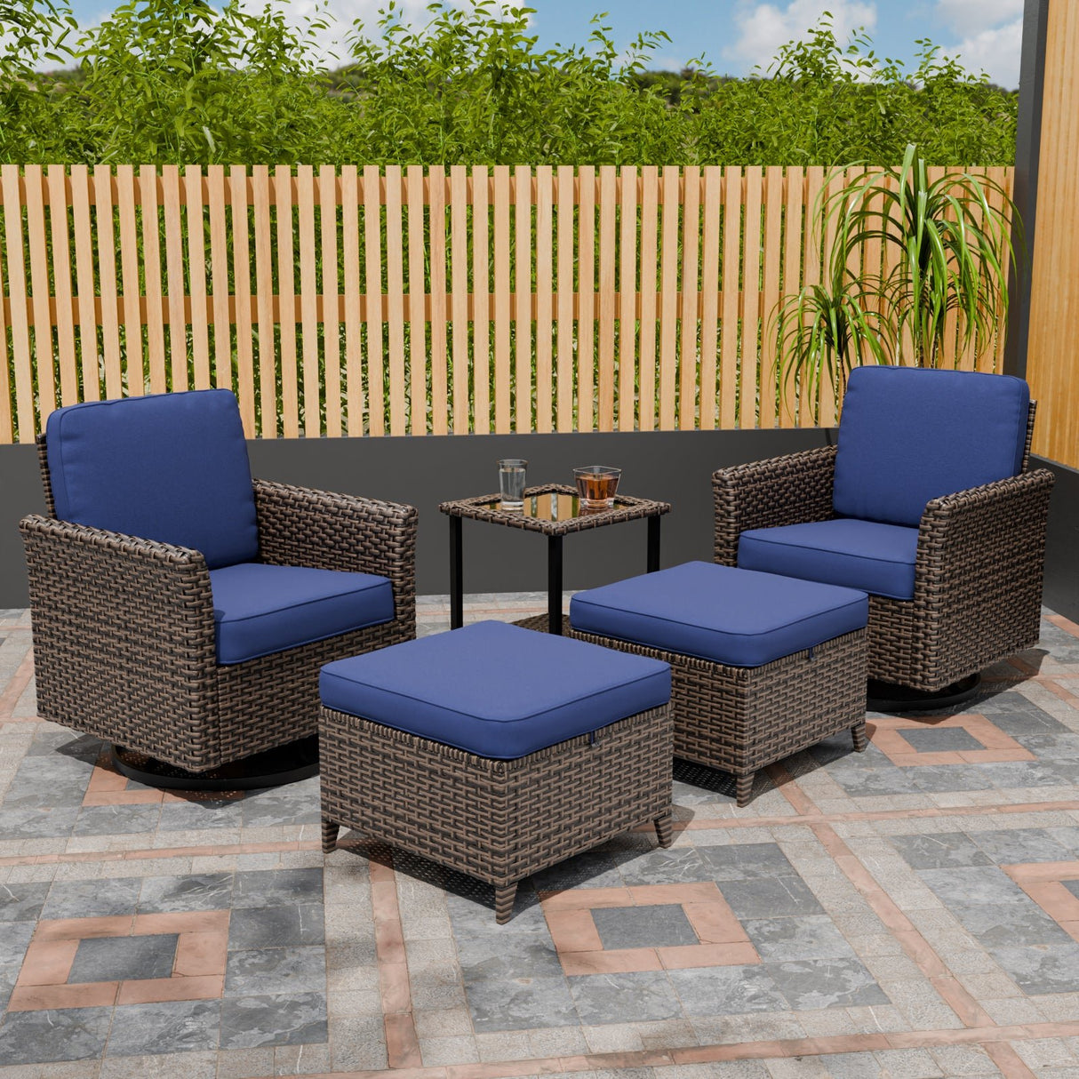 Ocean Vista Wicker Outdoor Patio Seating Set w/Swivel Rocking Chairs, 5 Pieces - Eagle Peak