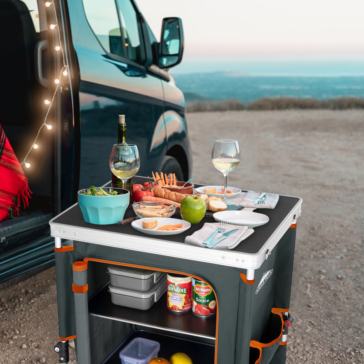 Outdoor Camping Pop Up Folding Table with Large 3 - Tier Storage Organizer and Side Pockets - Eagle Peak Custom Canopy Tent