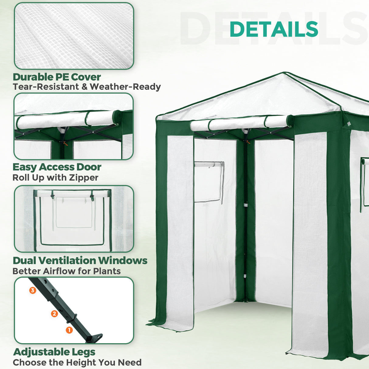 6x4/8x6/10x10 Portable Walk in Greenhouse with Polyester Reinforced Corners, Gray/White, Green/White