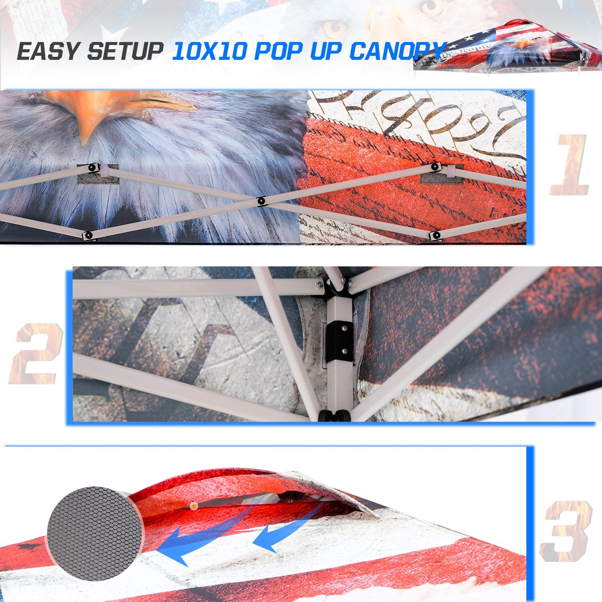 SHADE GRAPHiX Easy Setup 10x10 Pop Up Canopy Tent with Digital Printed American Icon Top - Eagle Peak Custom Canopy Tent