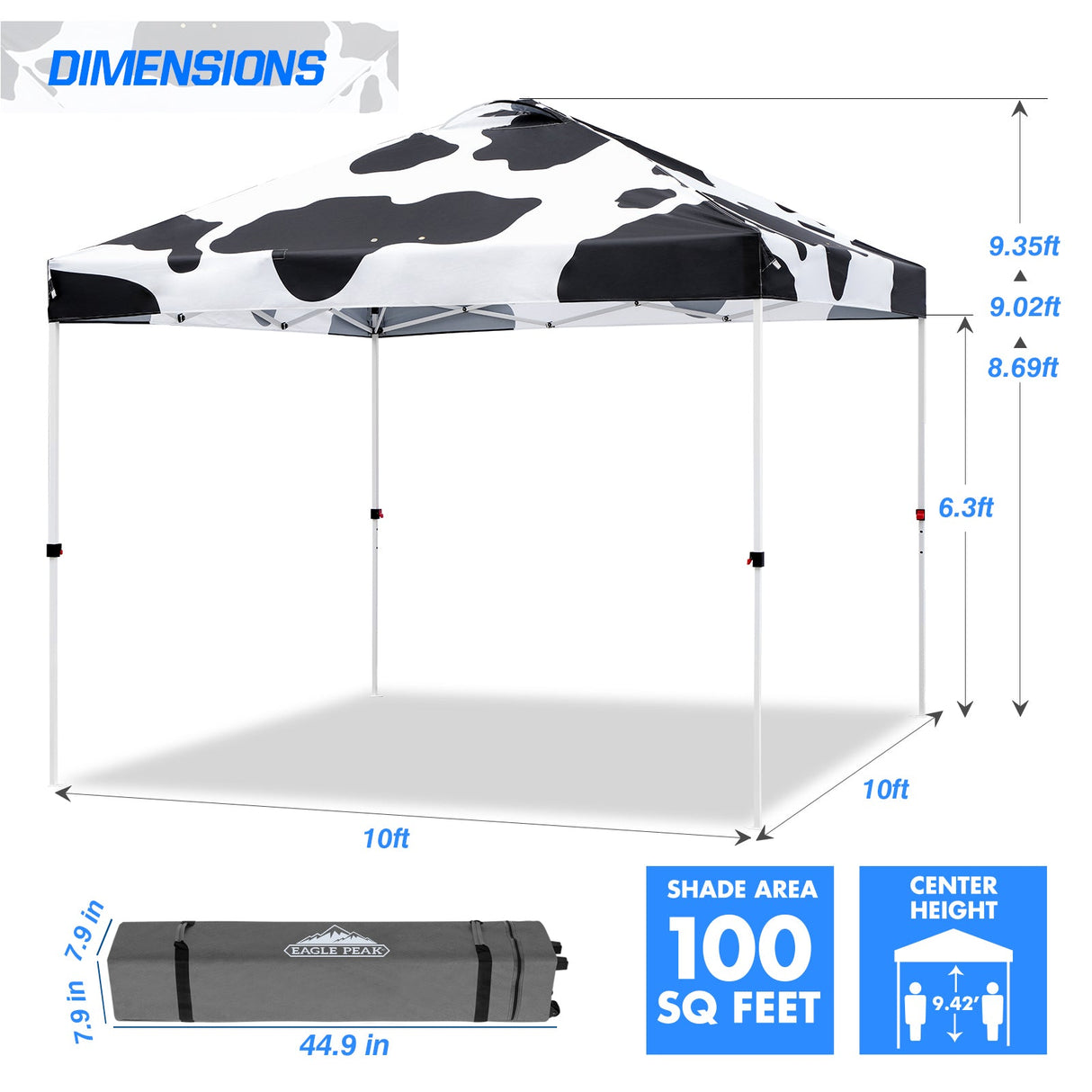 SHADE GRAPHiX Easy Setup 10x10 Pop Up Canopy Tent with Digital Printed Cow Print Top - Eagle Peak Custom Canopy Tent