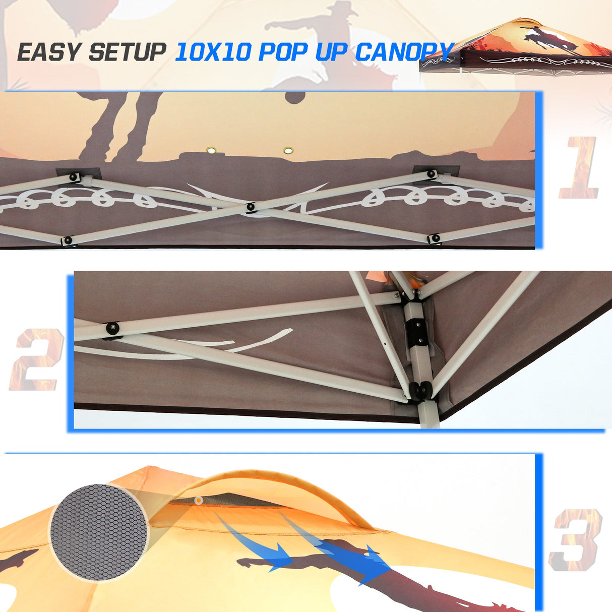 SHADE GRAPHiX Easy Setup 10x10 Pop Up Canopy Tent with Digital Printed Cowboy - Eagle Peak Custom Canopy Tent