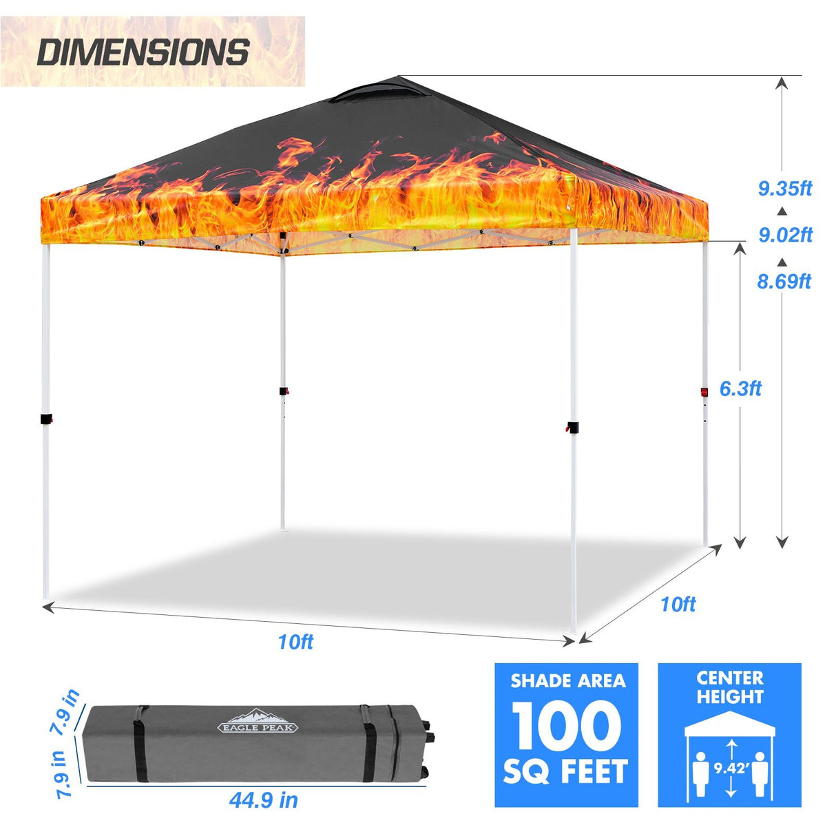 SHADE GRAPHiX Easy Setup 10x10 Pop Up Canopy Tent with Digital Printed Flame Top - Eagle Peak Custom Canopy Tent