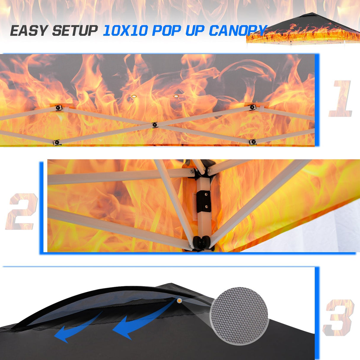 SHADE GRAPHiX Easy Setup 10x10 Pop Up Canopy Tent with Digital Printed Flame Top - Eagle Peak Custom Canopy Tent