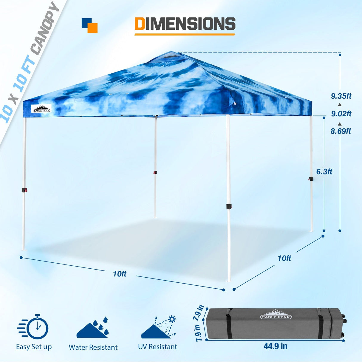 SHADE GRAPHiX Easy Setup 10x10 Pop Up Canopy Tent with Digital Printed Tie Dye Top - Eagle Peak Custom Canopy Tent