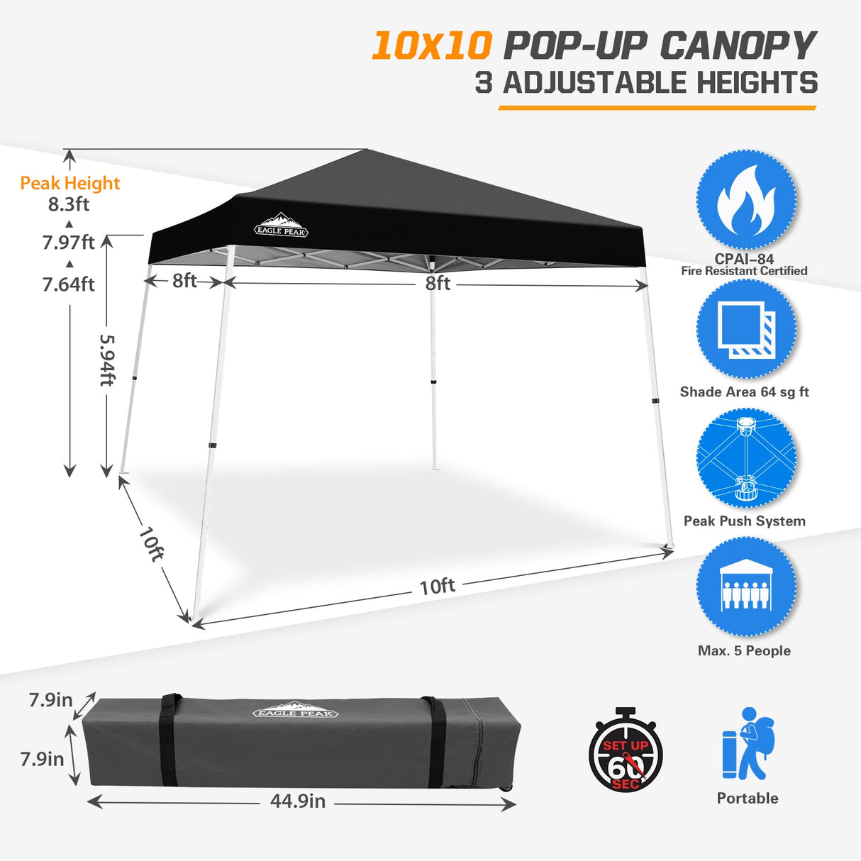 Slant Leg Pop up Canopy Tent, 10x10 Base 8x8 Top - Eagle Peak Custom Canopy Tent
