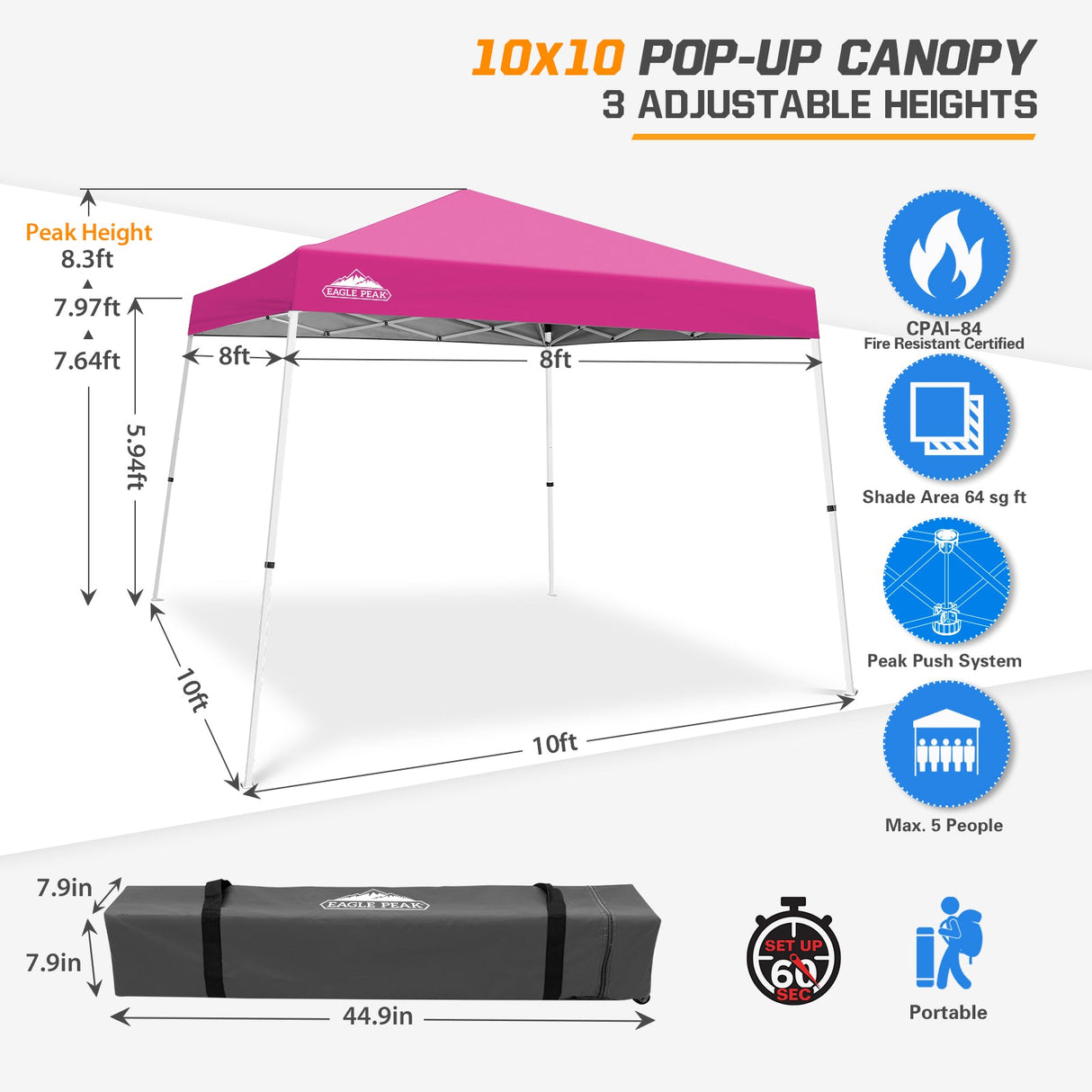 Slant Leg Pop up Canopy Tent, 10x10 Base 8x8 Top - Eagle Peak Custom Canopy Tent
